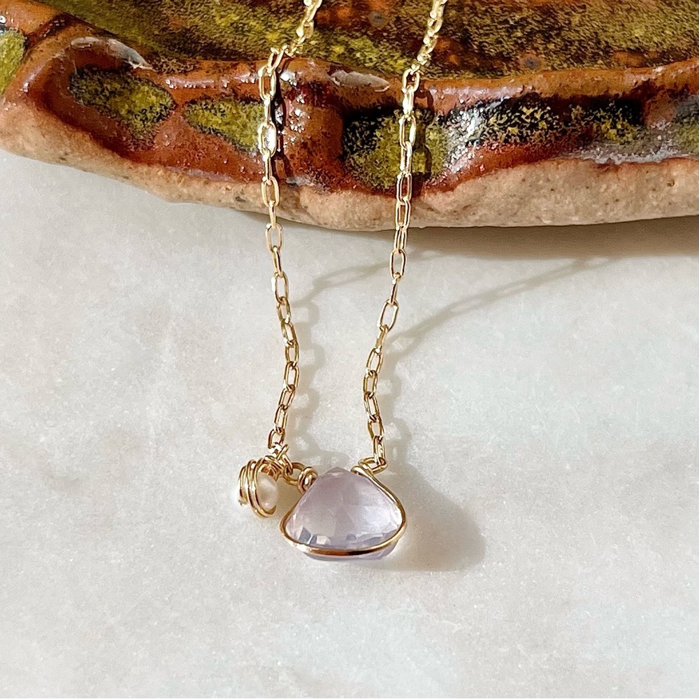 Gold Filled Asymmetrical Dainty Two Stone Amethyst Teardrop Pendant Necklace